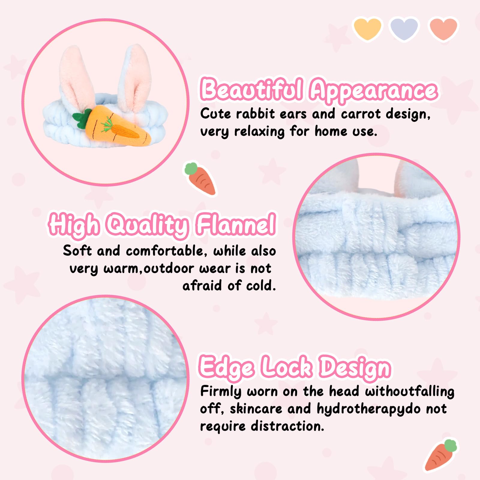 Skincare Headband Set,Rabbit Carrot Makeup Headband with Dual Use Face Mask Brush,Elastic Warm Flannel Spa Headband for Washing Face Yoga Beauty(Blue,White,Purple,3Pcs) - Image 4