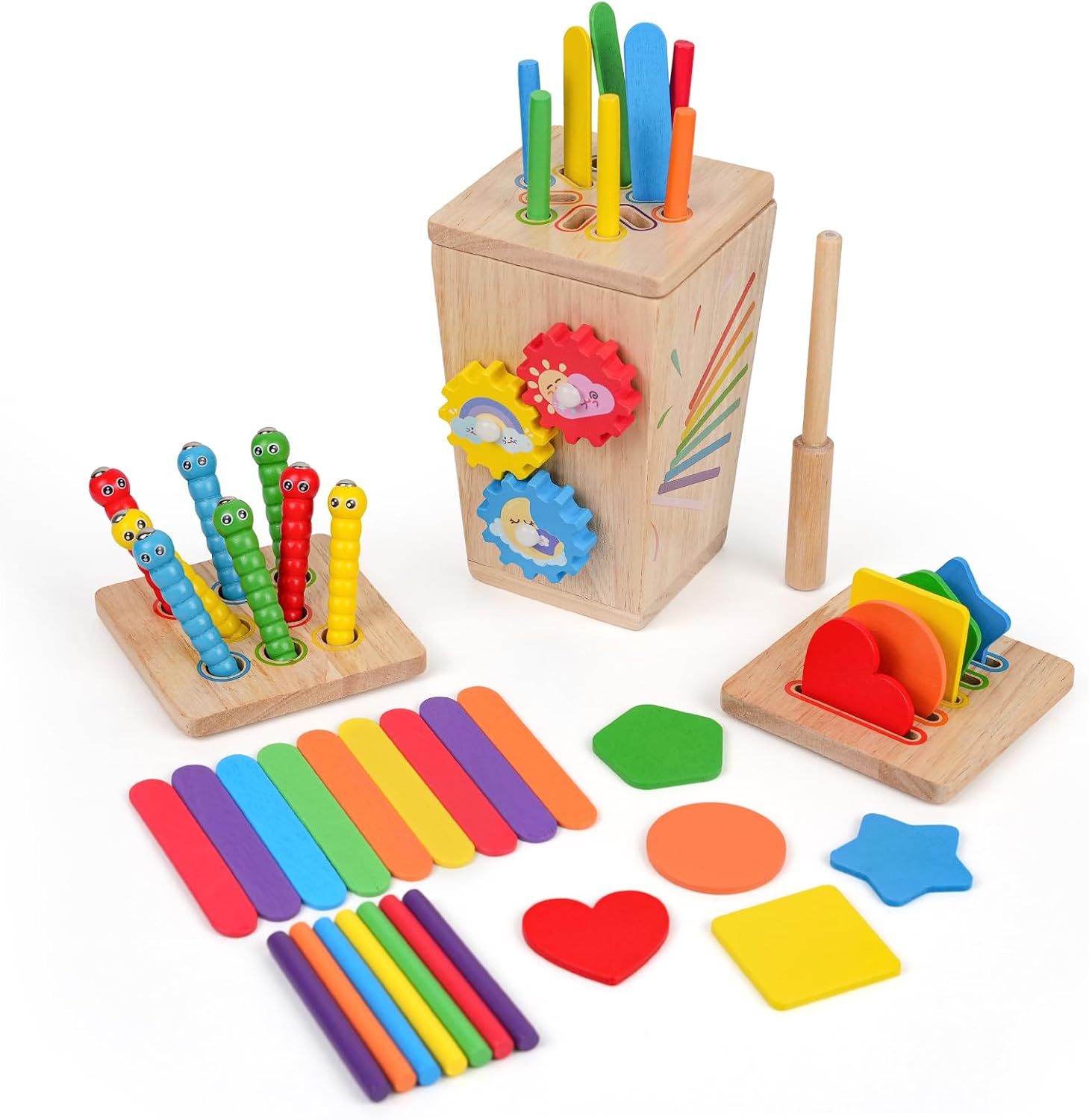 Wooden Montessori Baby Toys, 5 in 1 Fine Motor Skills Learning Toy, Educational Shape & Color Sorting Sensory Fidget Toy for Toddlers Ages 1–3, Birthday Gift for 2–4 Year Old Girls & Boys