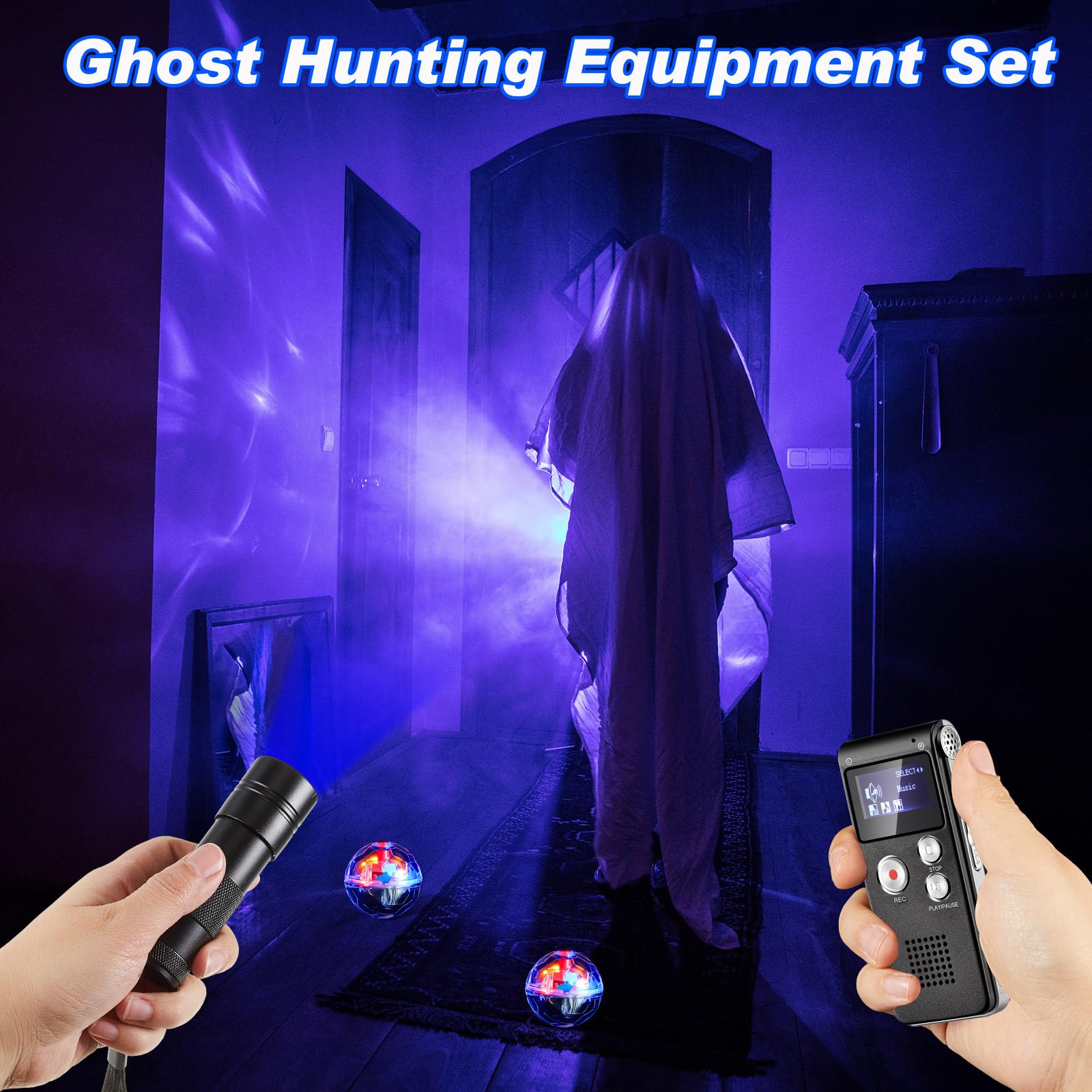 Dunzy Kit di attrezzature da caccia fantasma da 4 pezzi, include 1 registratore vocale digitale tascabile, 2 LED luminosi per animali domestici, 1 torcia UV nera, 8 GB (nero, alla moda)