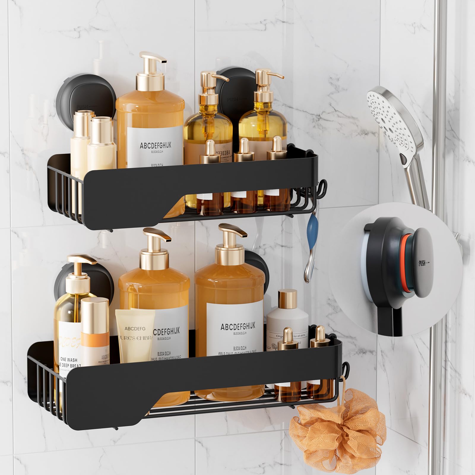 LEVERLOC Shower Caddy Visual Safety Suction Cup, Stainless Steel Rustproof Shower Shelves, No Drilling Wall Mounted Basket, Upgraded Removable Bathroom Organizers & Home Decor, 2 Pack,Black