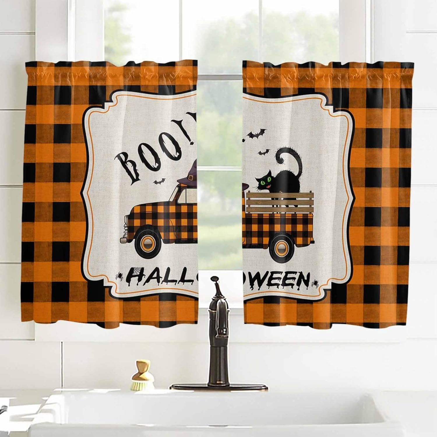 Halloween Kitchen Curtains, Spooky Horror Truck Black Cat Orange Plaid Light Filtering Window Curtain Panels, 2Pcs Rod Pocket Window Treatments Set for Cabin Bathroom Bedroom 52x45 Inches