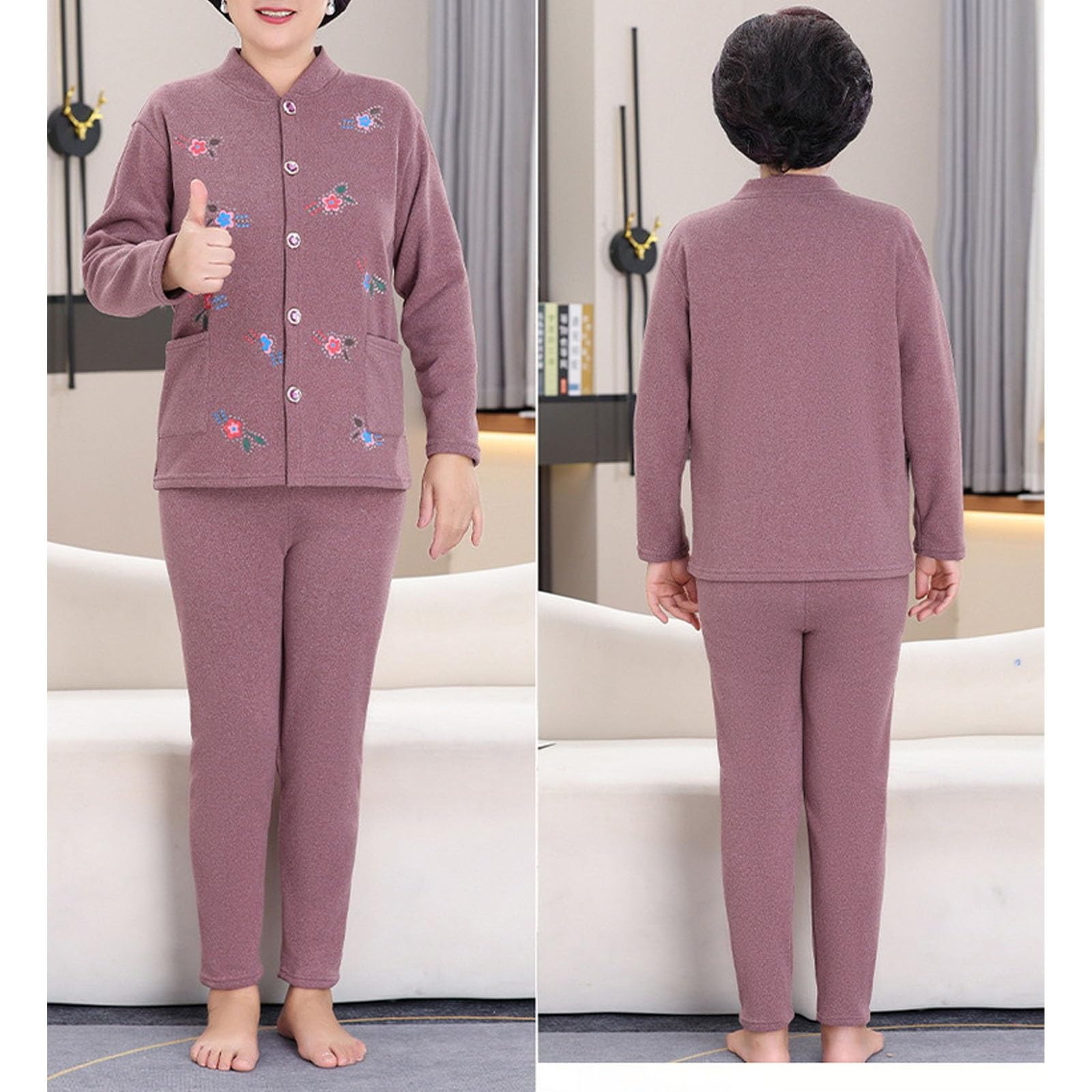 Abuela Mamá Mujeres De Edad Media Cardigan Pantalones Superiores Conjuntos Cálido Térmico Largo Johns Ropa Exterior Chaqueta Capa Base Pijama