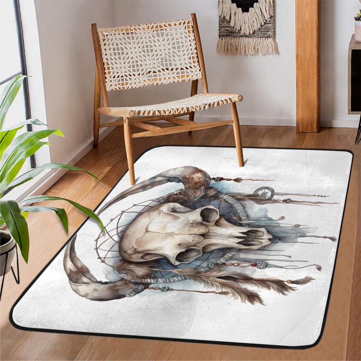 Tapis motif tête de mort de vache ethnique grand format 122x160 cm finitions soignées