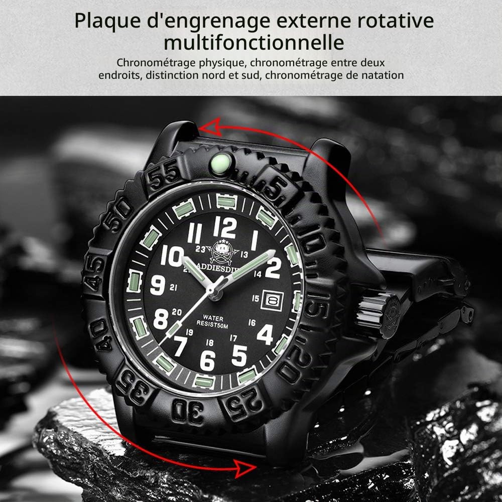 ADDIESDIVE Montre de Sport Homme Militaire Quartz Cadran 24 Heures Lumineux Étanche 50M Lunette Pivotante Acier Inoxydable