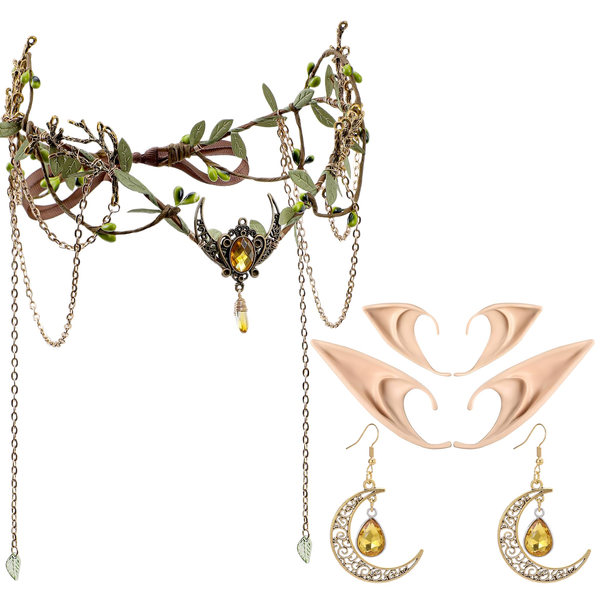 MOSTORY Viking Crown with Elf Ears Earrings Set for Medieval Costume Women, Woodland Tiara with Tassels and Moon for Book Day May Day Wedding Cosplay Carnival Renaissance Accessories