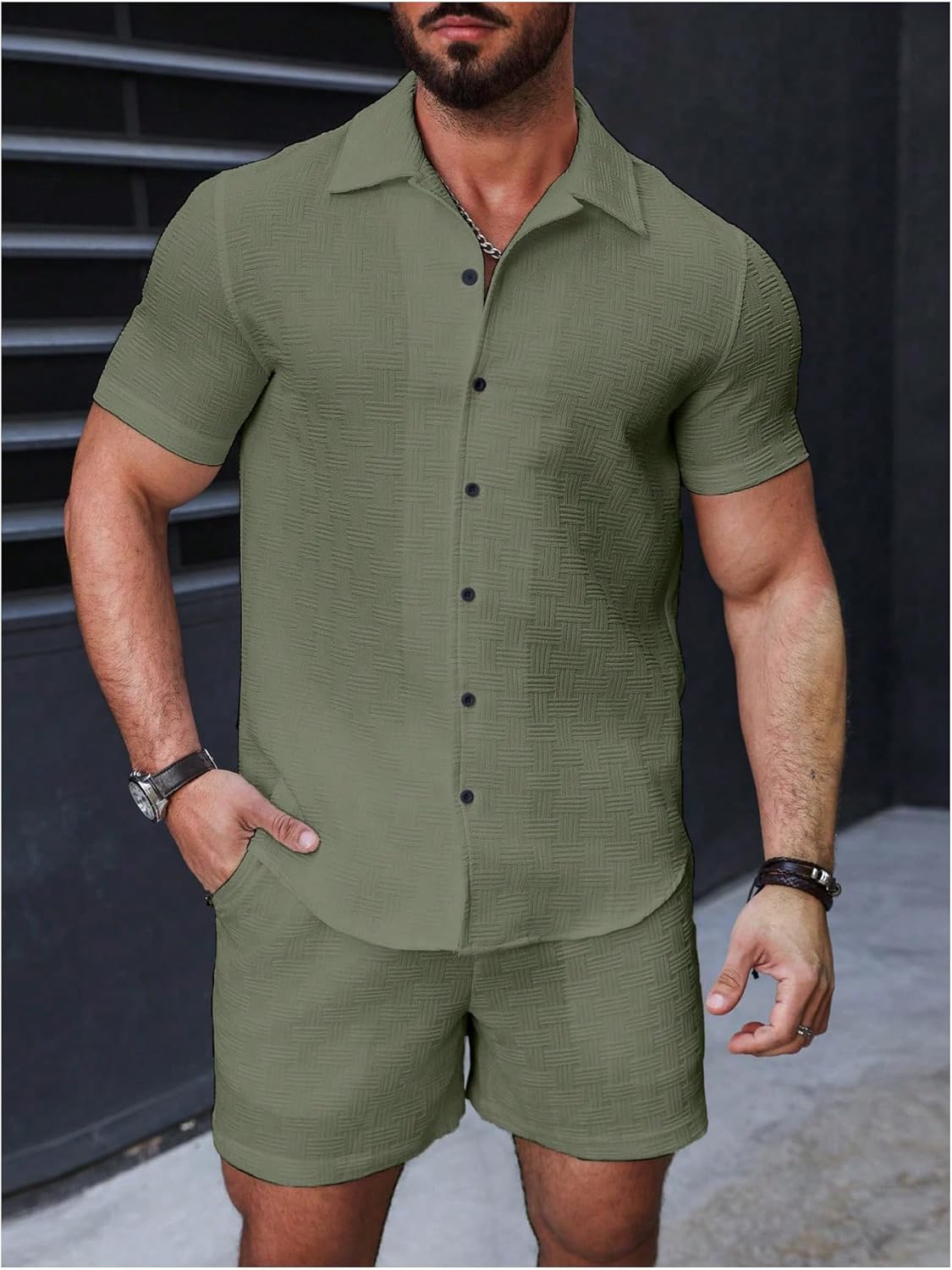 GORGLITTER Men's 2 Piece Outfits Waffle Knit Button Down Shirt Top and Shorts Set