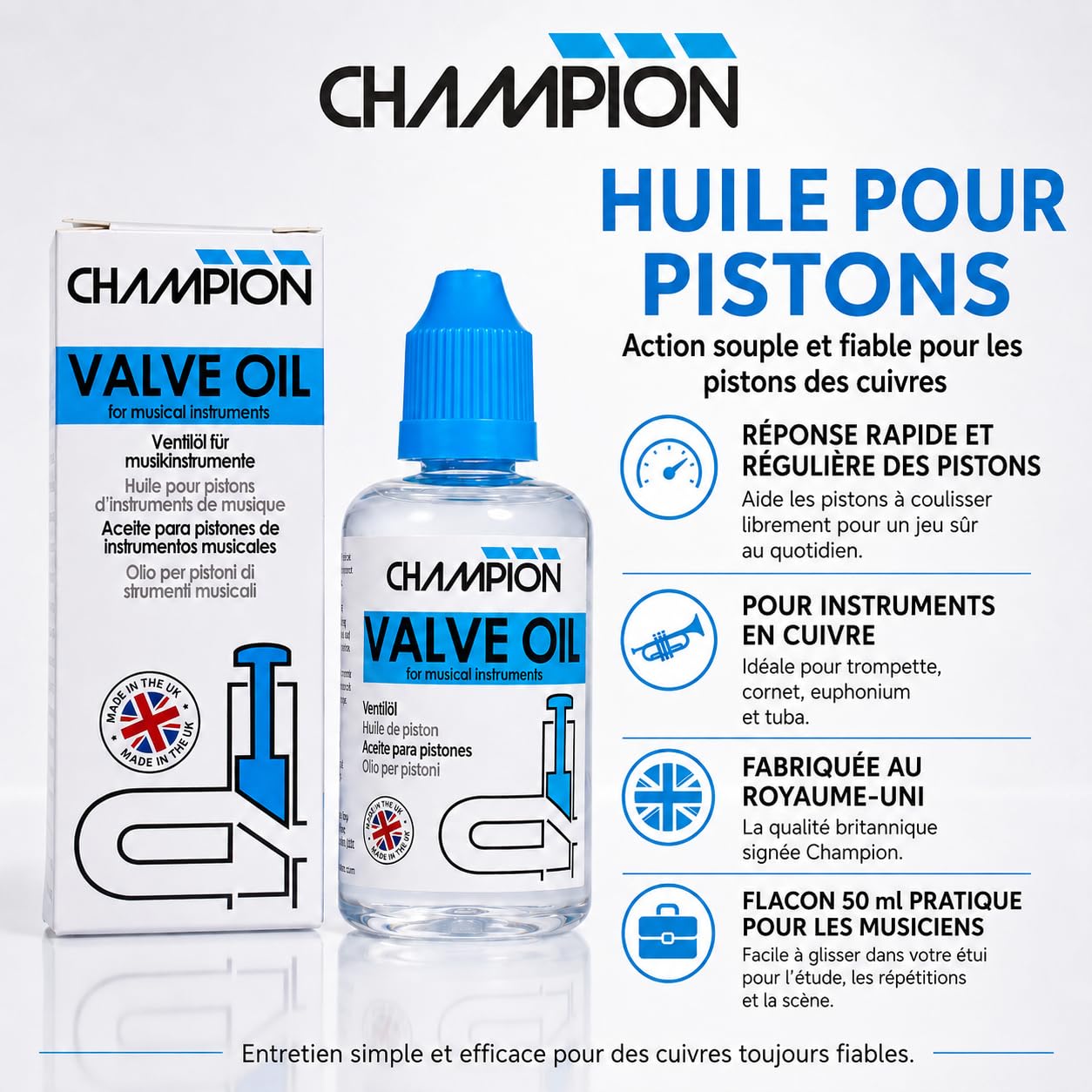 Champion huile pour pistons. Pour trompette, cornet, euphonium, tuba, baryton, cor ténor, helicon et plus. Formule éprouvée pour tous niveaux. Fabriquée au Royaume-Uni. 50ml