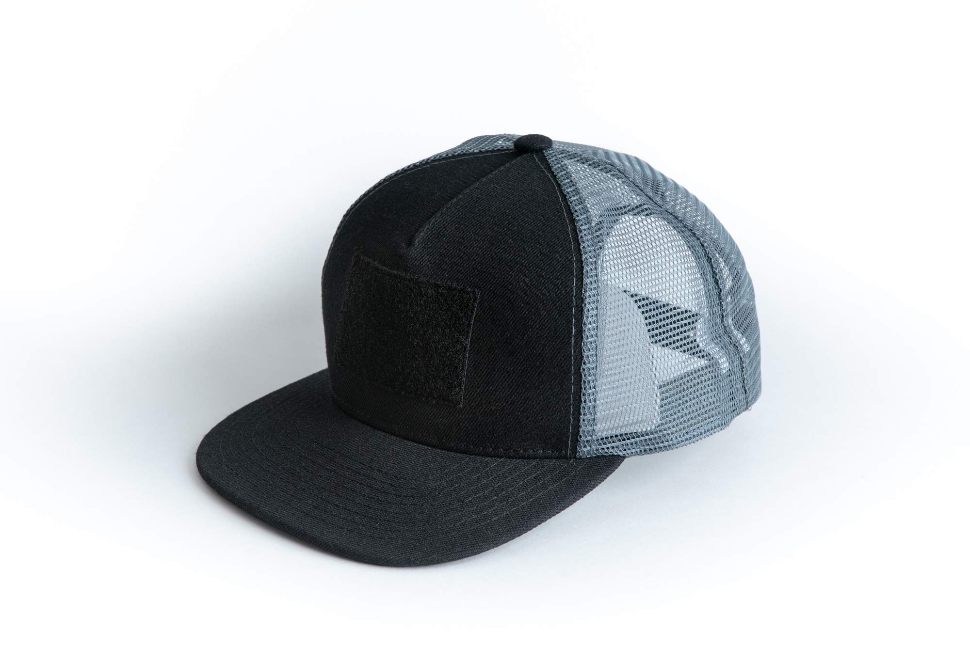Black And Charcoal Grey Flat Bill Trucker Hat With Velcro