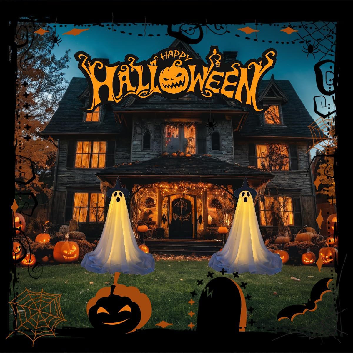 Halloween Decor, Ghost Decor Ghost with Remote Control String Lights, Halloween Decorations Outdoor for Porch, Patio, Garden, Lawn.