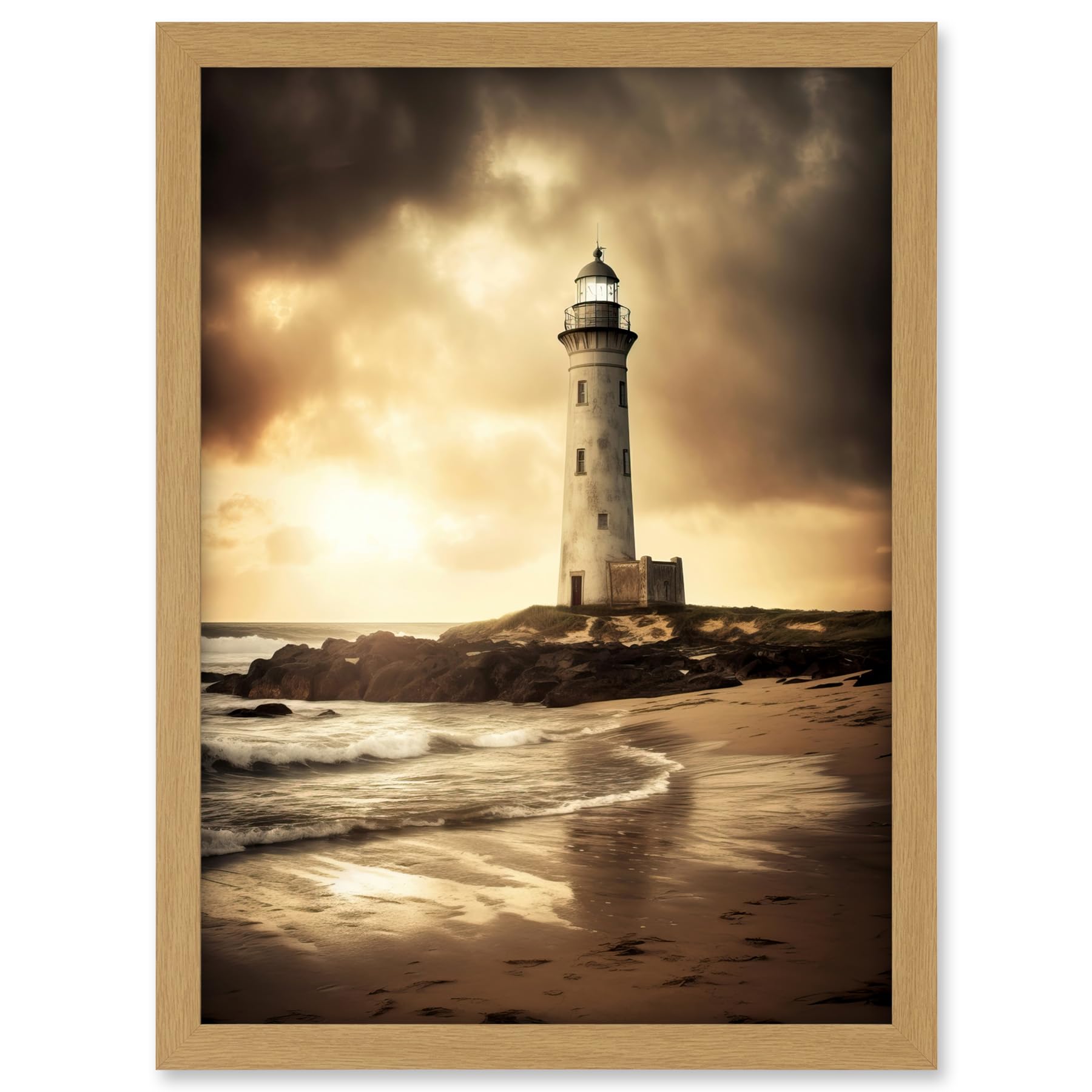 Artery8 Atmospheric Lighthouse Photo Beach Sepia Photograph Atmospheric Sunset Seascape Artwork Framed A3 Wall Art Print