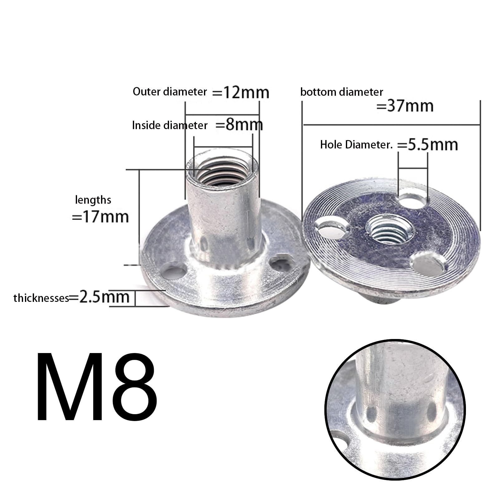 10PCS M8 Brad Hole Tee Nuts,Carbon Steel T-Nuts,Thread Insert Tee Nuts,Zinc Plated Round Base Screw-in Flange Nuts for Fixing Connection Furniture - Image 2