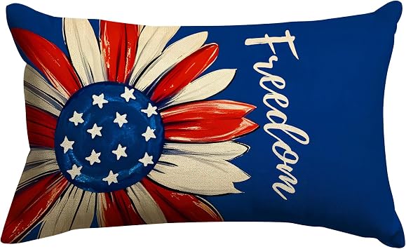 JOOCAR 4th of July Freedom Pillow Covers Independence Memorial Day Patriotic America Stars Blue Linen Throw Pillow Case Cushion Cover for Home Sofa Couch 12x20 Inch