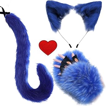 YXCFEWD Blue Cat Ears Headband and Tail paws Set with Heart Patch Felt Stickers, Cat Costume for Halloween Party Cosplay