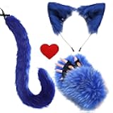 YXCFEWD Blue Cat Ears Headband and Tail paws Set with Heart Patch Felt Stickers, Cat Costume for Halloween Party Cosplay