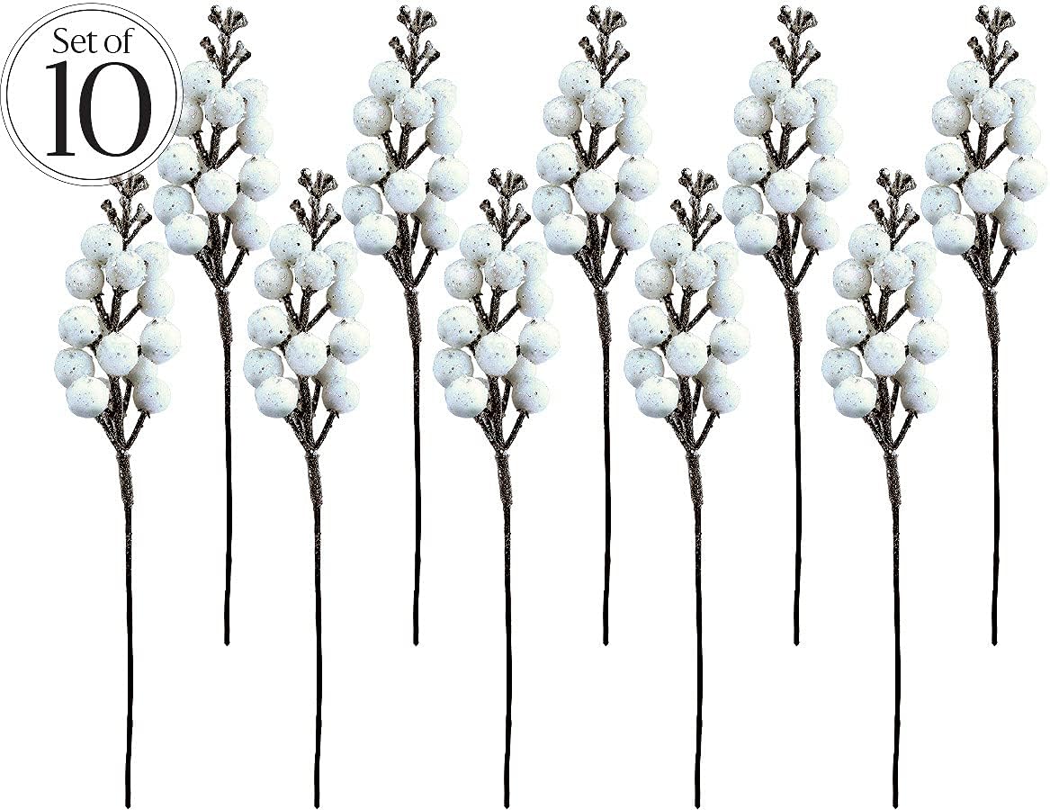 OLYPHAN Winter Berry Picks/White Holiday Berries Pick/Decorative Christmas Artificial Berry Stems for Wreaths, Garland, Crafts DIY Ornaments/Xmas Decor Craft/Set 10 Glitter Sprays Artificial Snow