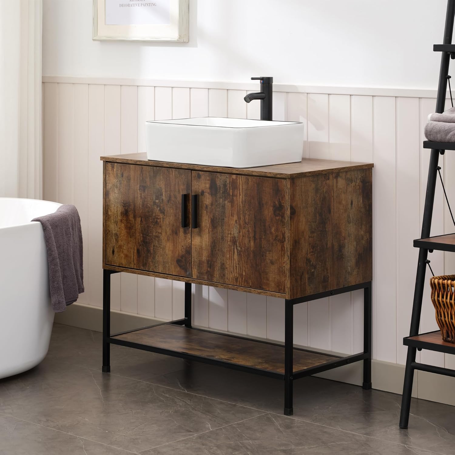 UEV Rustic Brown 36 Inch Bathroom Vanity with Sink,Industrial Iron Frame Bathroom Cabinet Set with Doors & Shelf,with Modern Artistic Ceramic Vessel Sink Combo