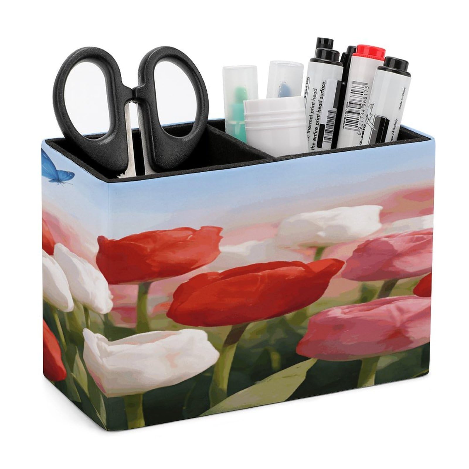 LZQPOEAS Watercolor Flowers With Butterfly Pen Holder Double Compartments Pen Cup Makeup Brush Holders Leather Pencil Holder Locker Organizer for Work Locker Accessories Modern Pencil Cup for Desk