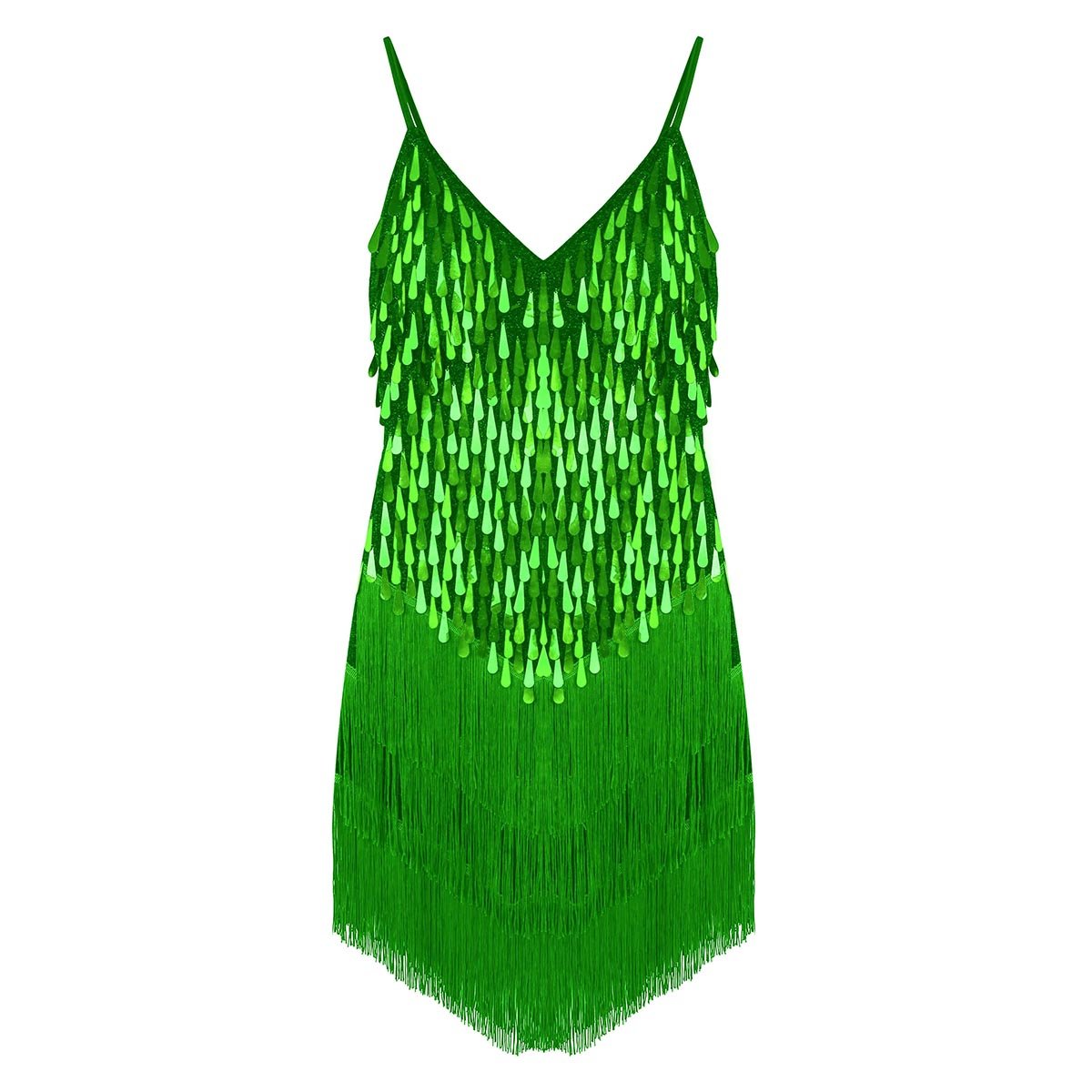 Freebily Womens V Neck Dance Dress Sparkling Sequins Ballroom Salsa Samba Rumba Tango Tassel Latin Dance Costume Green One Size