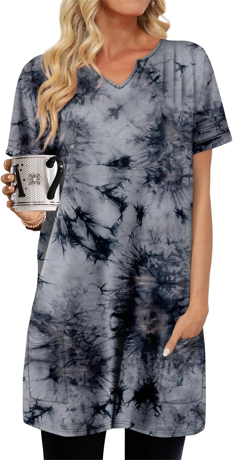 KISSMODA Woman Lightweight Dress with Hood Short Sleeve Summer Loose Pullovers with Pockets Long Tunics Top for Leggings - Image 2