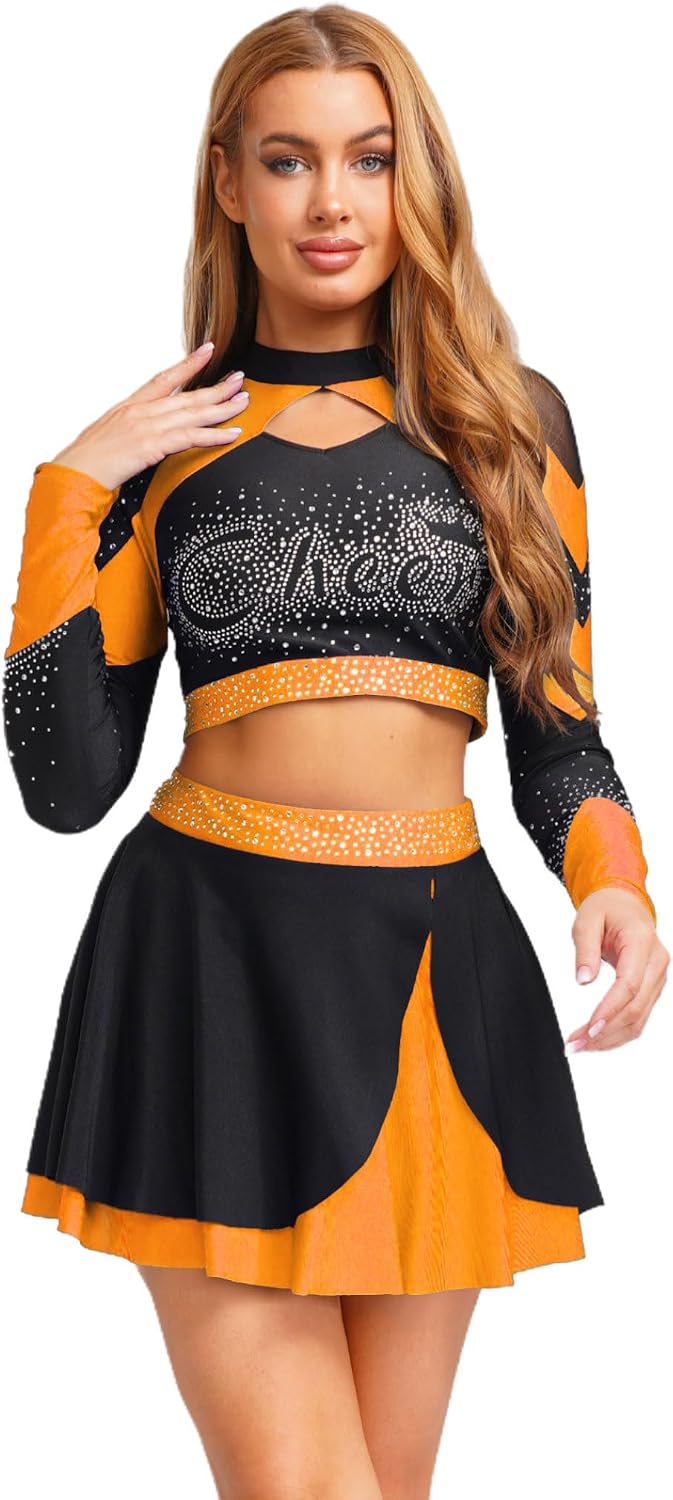 Women's Shiny Rhinestone Cheerleading Uniform Long Sleeve Hollow Out Crop Top Skating Skirt Orange X-Large