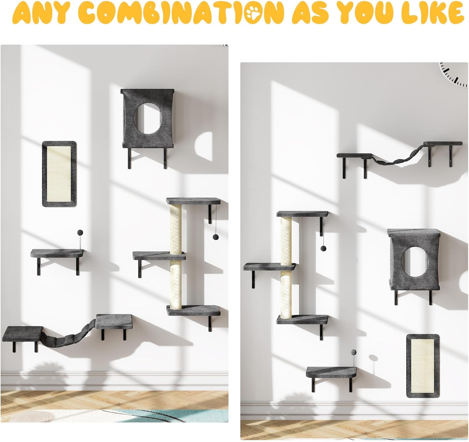 10-in-1 Cat Wall Shelves, Wooden Cat Climbing Wall with Scratching Post, Cat Wall Mounted Furniture for Climbers, Space-Saving Cat Wall for Play & Rest, Drywall & Solid Walls