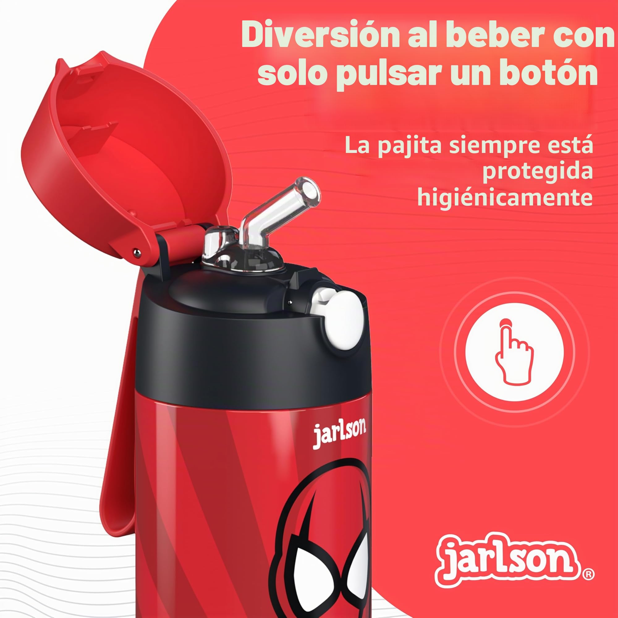 Jarlson® Botella Agua Niños & Niñas CHARLI [ACERO INOXIDABLE] - Garrafa Térmica Infantil Sin BPA - Water Bottle con Pajita - Botellas Inox a Prueba de Fugas - Para Escuela (350ml Superhéroe)