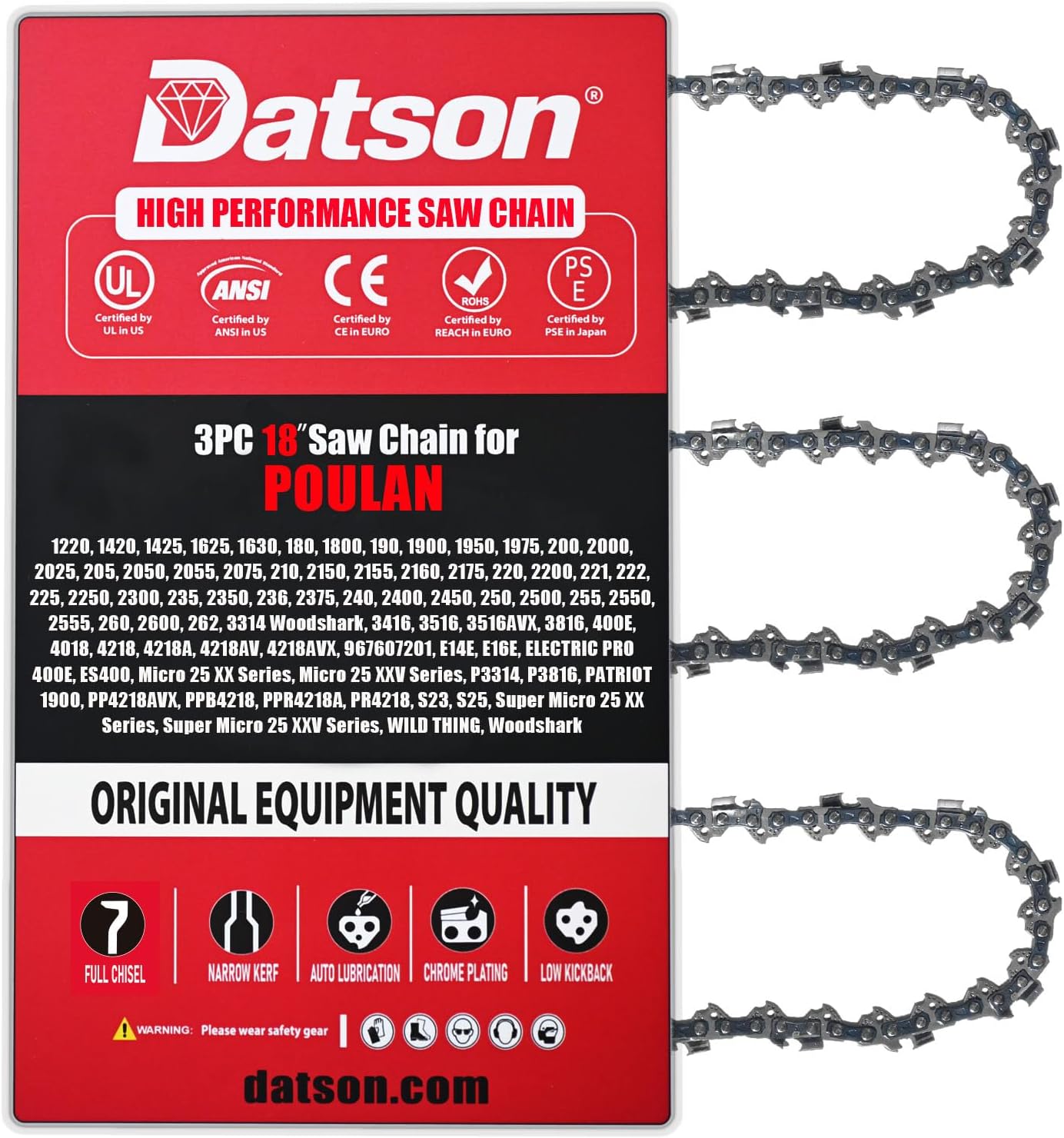 3-PACK 18" Chainsaw Chain Blade Replacement for POULAN FITS 90 MODELS,CRAFTSMAN 316.38090,358.35038, 358.35088, 358.35099, DEWALT DCCS672B ，EGO CS1800, CS1803, CS1804，ECHO CS-280, CS-290, CS-300