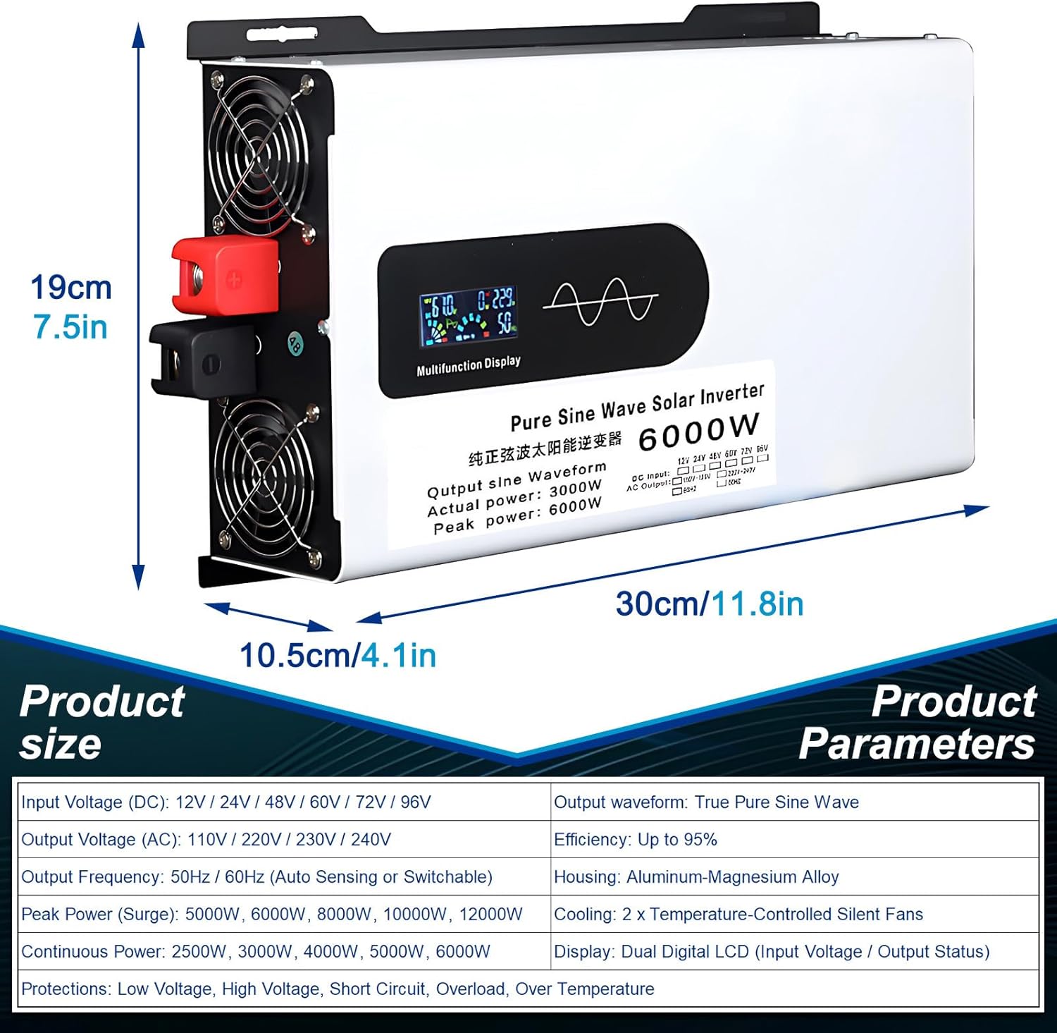 12000W Pure Sine Wave Inverter Charger, DC 12V to 110V/120V AC, Solar Power Inverter with 2 AC Outlets, LCD Display & Lithium Battery Compatibility