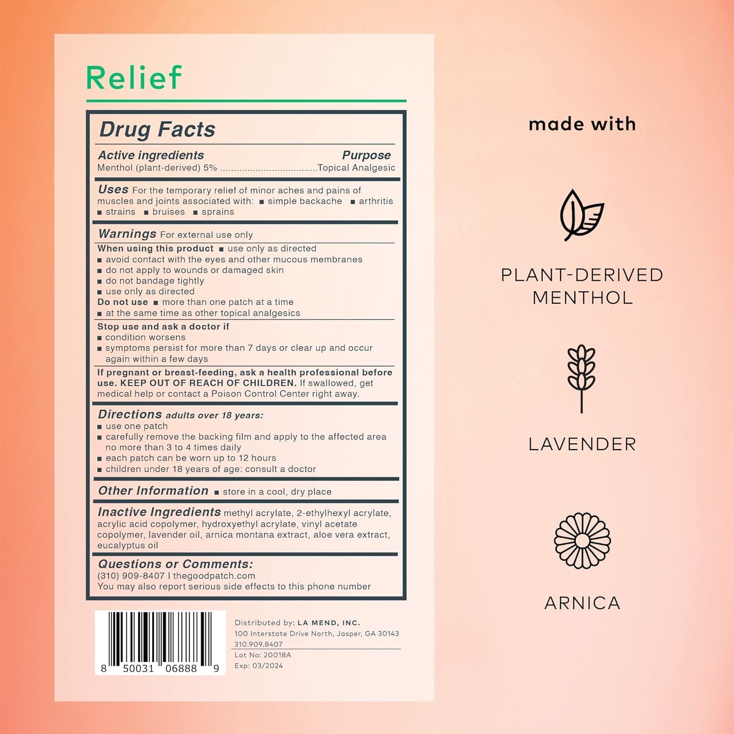 The Good Patch Muscle Pain Relief Patches, Natural Patch with Menthol, Lavender, Arnica and Aloe Vera, Sustained Release, Plant Powered Wearable Wellness, for Back, Neck, Arms, Legs (8 Total Patches)