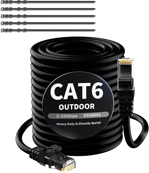 CAT6 kabel Ethernet 50m,czarny,do użytku na zewnątrz i wewnątrz,wodoszczelny,bezpośrednie układanie,Gigabit kabel sieciowy,UTP,CCA,RJ45-LAN do kamery POE,routera,modemu,+25 opasek kablowych