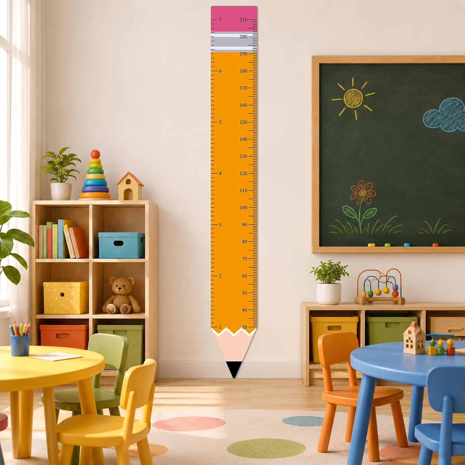 Back to School Height Growth Chart Sticker 85.8 x 10.6 inch Pencil Shaped Height Measurement Ruler Sticker Removable PVC Wall Decor for Classroom Bedroom Playroom Nursery Kindergarten Decor