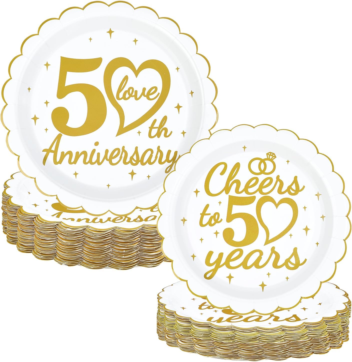 100Pcs 50th Anniversary Decorations 9" 7" White Gold 50th Wedding Anniversary Heavy Duty Paper Plates Cheer to 50 Years Platters for Parents Couple 50 Years Wedding Commemoration Decorations