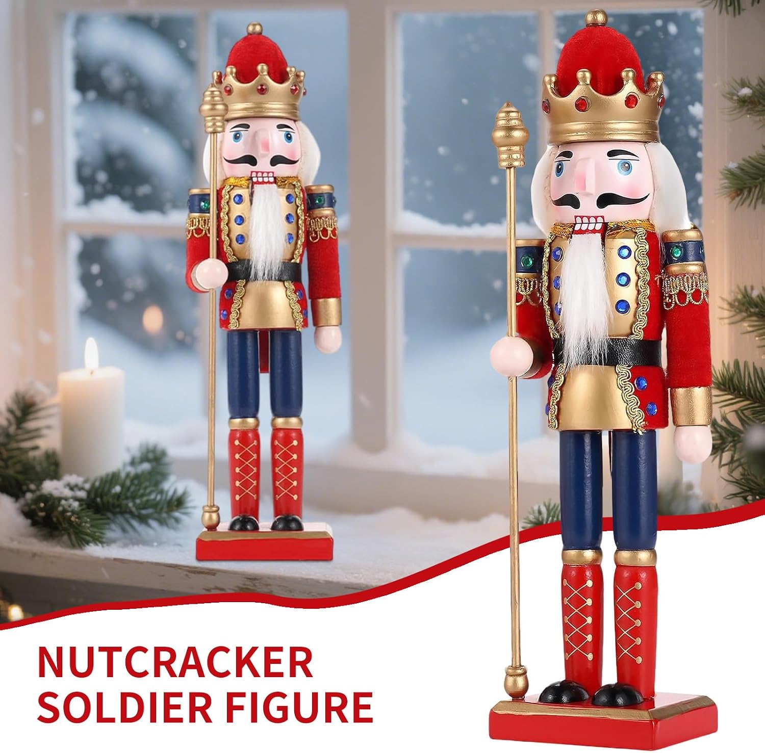 11.8 Inch Christmas DecorNutcracker Ornaments, Wooden Nutcrackers Figures, Festive Collectible Gift for Table Desktop Fireplace Thanksgiving Christmas Decorations, Red King