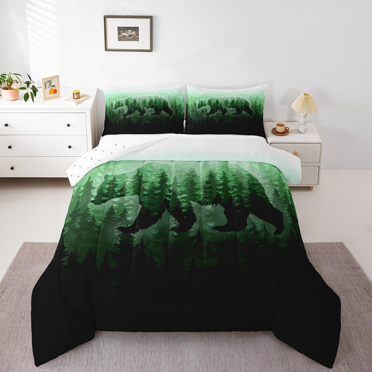 Feelyou Bear Bedding Set Kids Forest Comforter Set Boys Girls Decor Botanical Forest Comforter Microfiber Farmhouse Wild Animal Green Duvet Set Quilt Set 3Pcs Queen Size