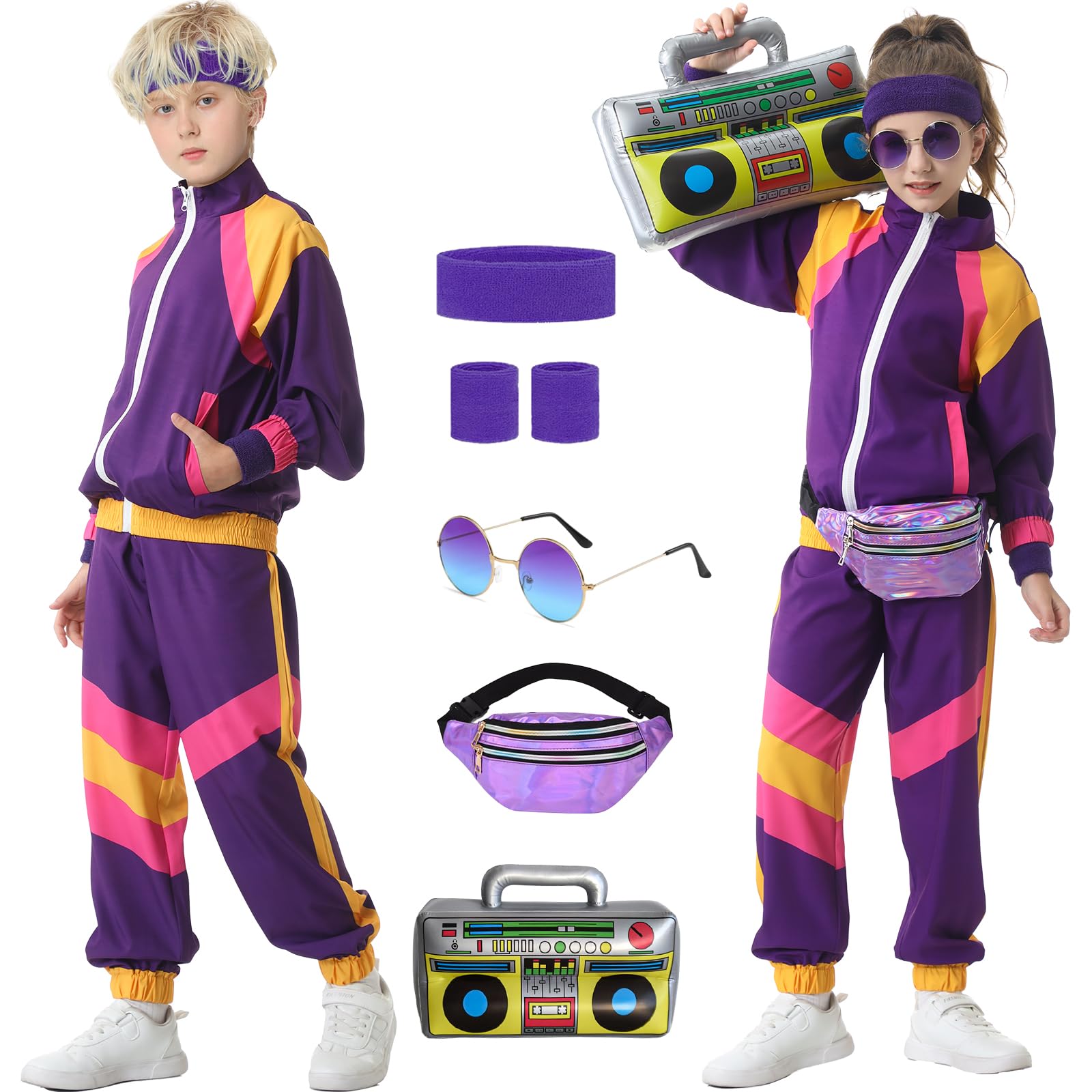 Hislovy 80s Tracksuit for Kids 90s Outfits Boys Girls 6PCS Hip Hop Dance Costume, Colorblock Jacket for Retro Theme Party (Purple, 130)