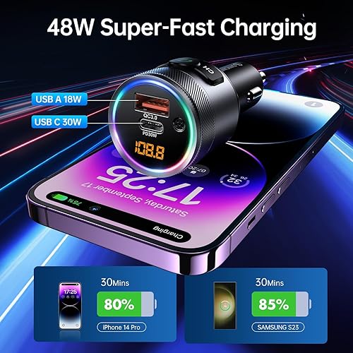 Miniatura 3 de Syncwire Transmisor FM Bluetooth 5.4 para coche, 38 W PD y QC3.0 Dual USB Carga Bluetooth Adaptador de coche Micrófono y sonido de graves MP3