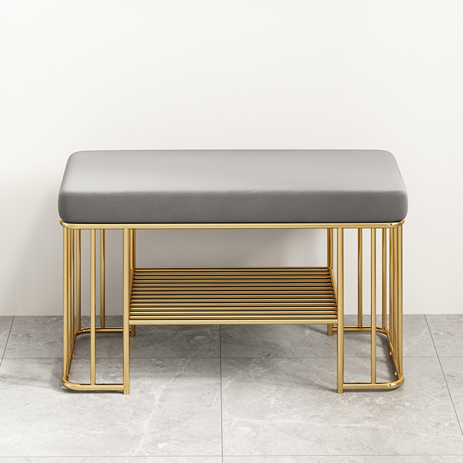 LWJSOCP Velvet Upholstered Shoe Storage Bench 2 Tier Entryway with Gold Frame Stylish Shoe Rack for Hallway & Entryway Functional Seating & Storage Solution