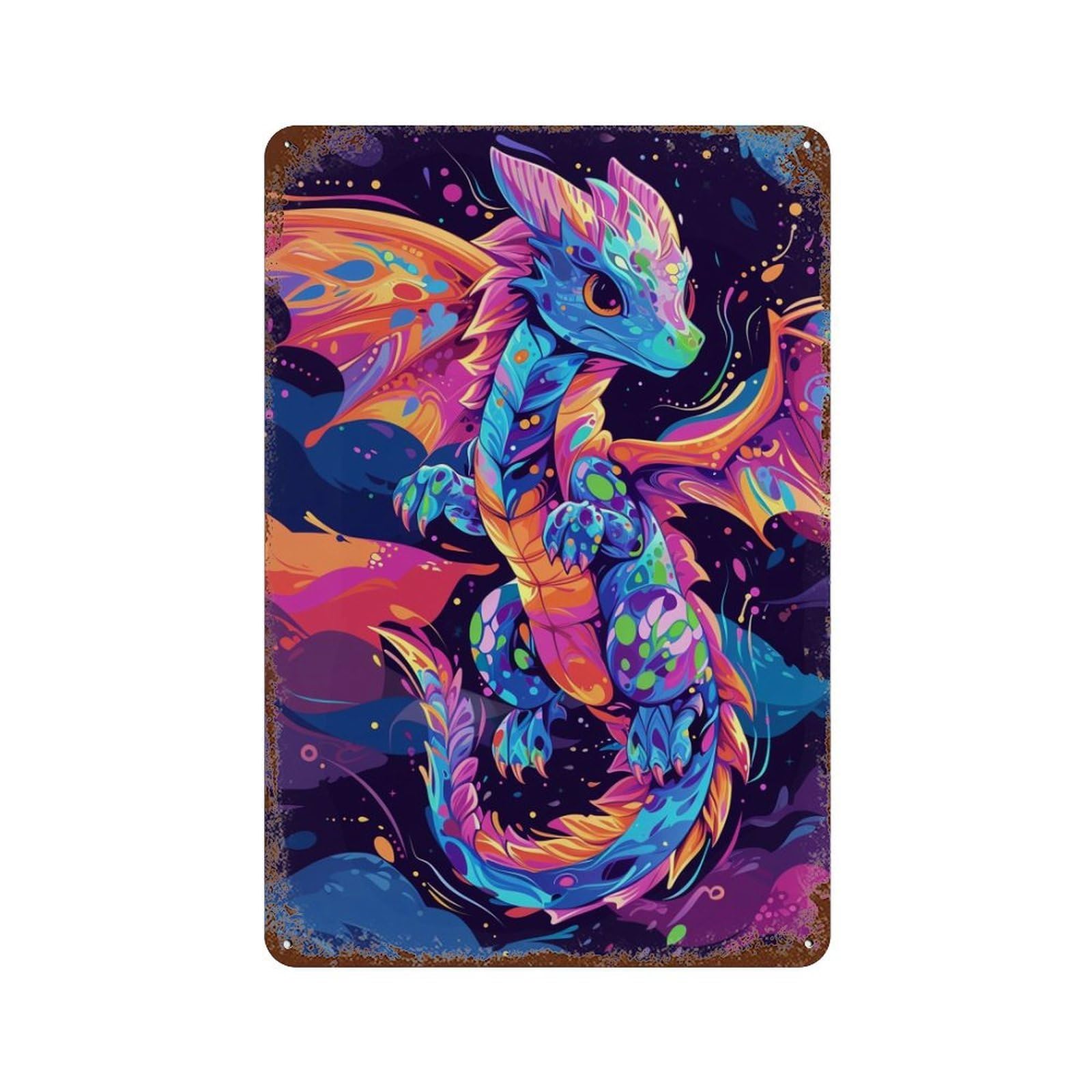 Colorful Fantasy Dragon Artwork-1 Distressed Metal Wall Sign 11.8"x7.9", Rustic Home Decor for Living Room, Hallway And Home Decor