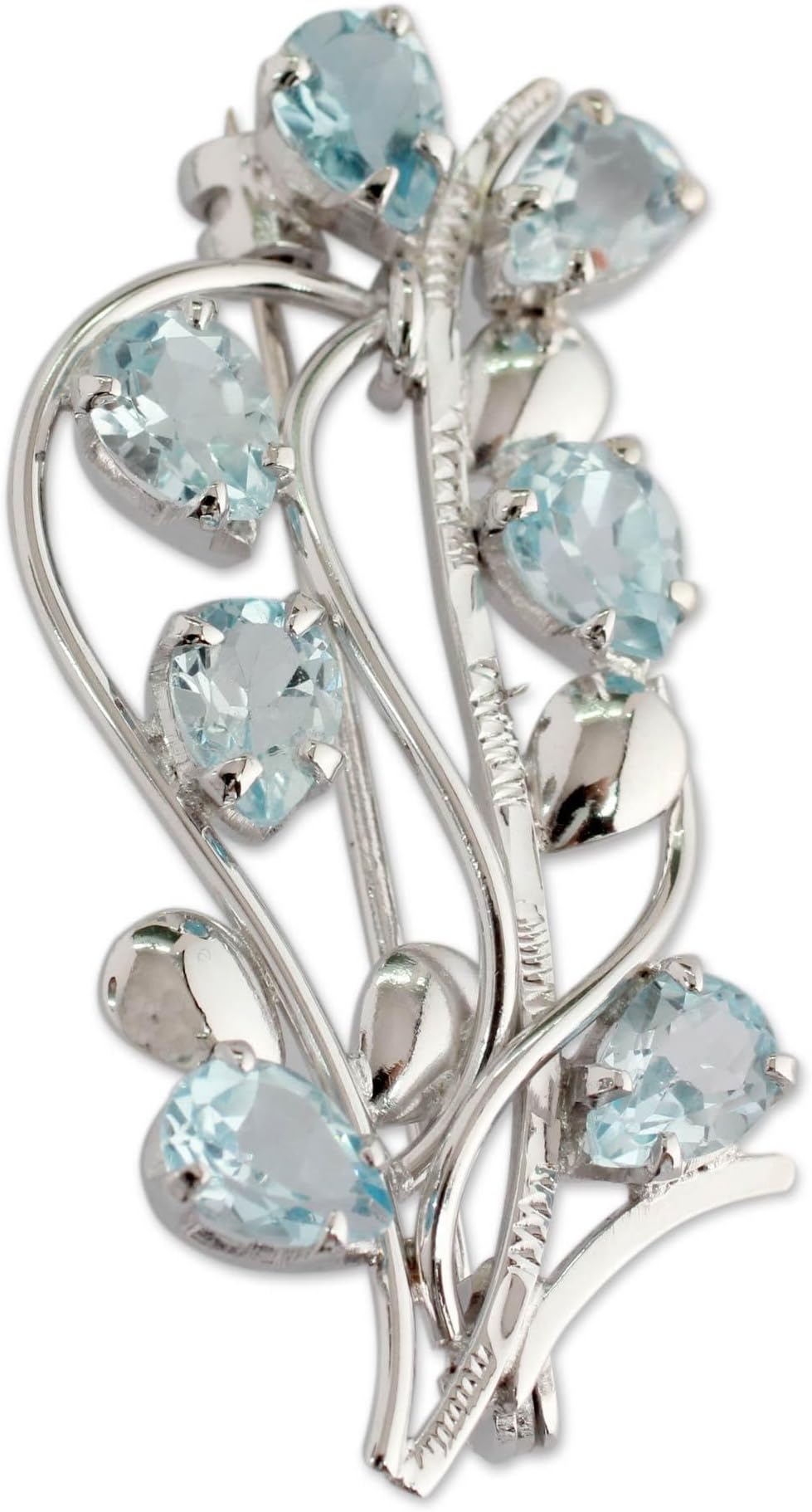 Artisan Handmade Blue Topaz Floral Brooch Pin Fair Trade Sterling Silver India Birthstone [1.8 in L x 0.8 in W] ' Sky Bouquet'