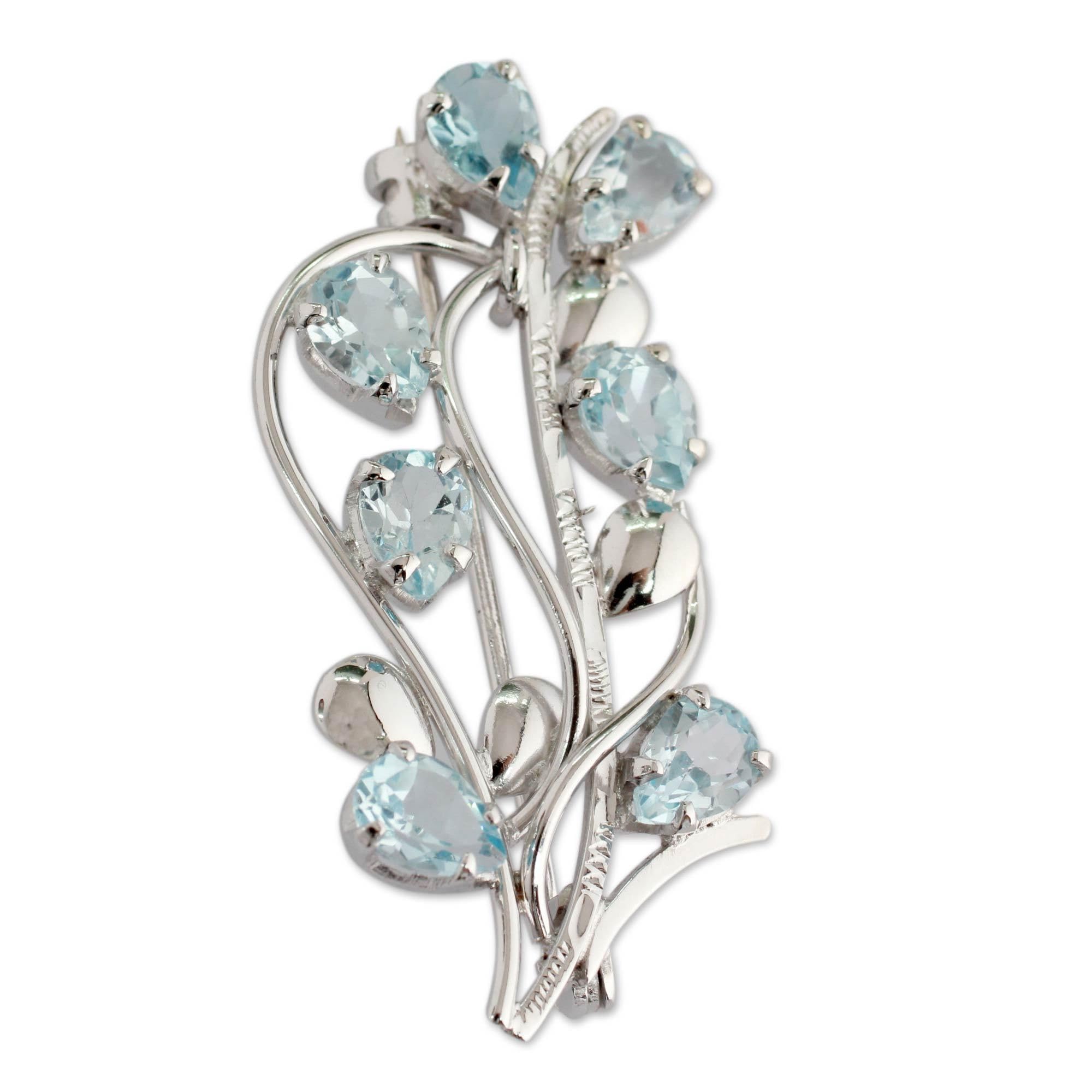 NOVICAArtisan Handmade Blue Topaz Floral Brooch Pin Fair Trade Sterling Silver India Birthstone [1.8 in L x 0.8 in W] ' Sky Bouquet'