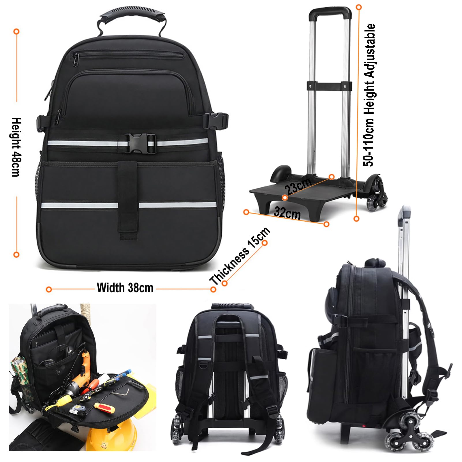 Mochila con Ruedas para Herramientas,Mochila De Viaje con Ruedas - Mochila Impermeable Desmontable - con Ruedas Trolley Mochila Maleta para Electricista,Fontanero,HVAC,Reparador De Cables