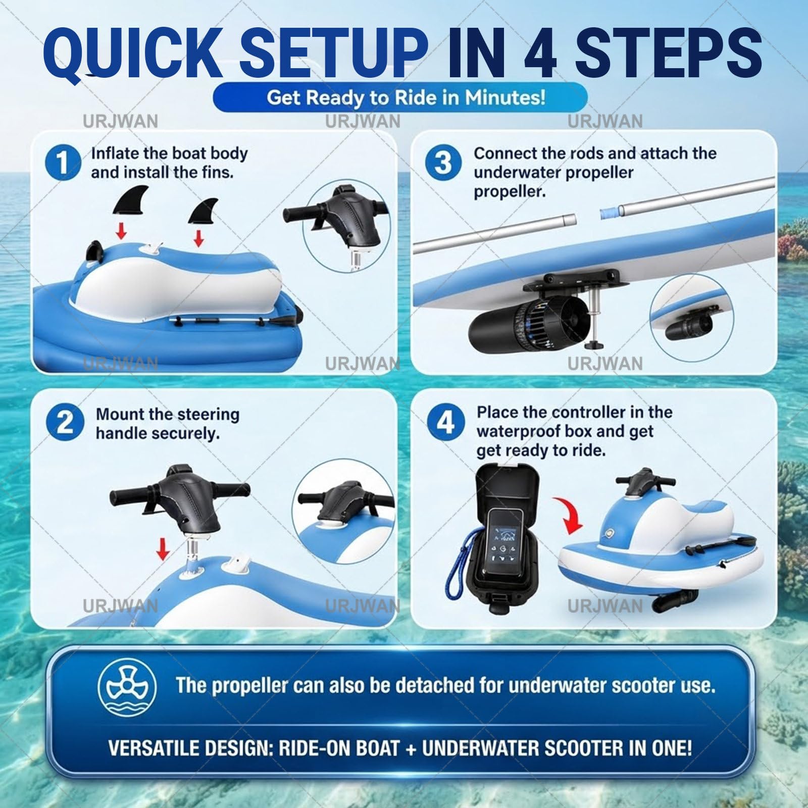 Gommone a 2 Posti con Motore & Scooter Subacqueo 500W/700W, 60 Min Motore Brushless, Batteria 10000mAh - 9km/h Attrezzatura per Immersioni Mare Adulti e Bambini 700W16A