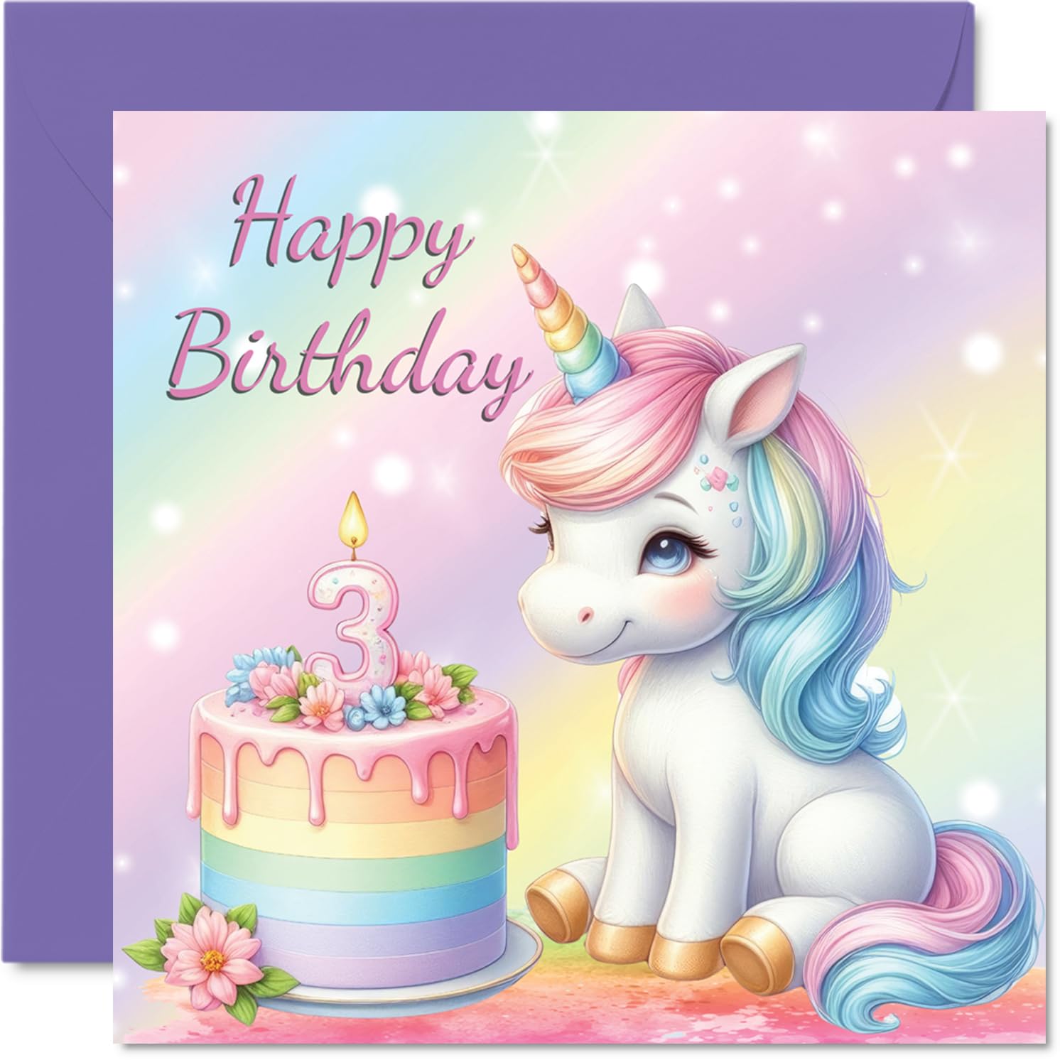 3rd Birthday Cards for Girls - Unicorn Cake - Happy Birthday Card for 3 Year Old Girl Cousin Daughter Sister Goddaughter, 145mm Bday Greeting Cards