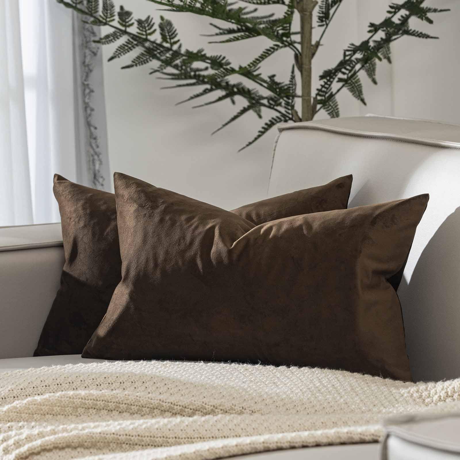 Juspurbet Brown Throw Pillow Covers Set Of 2 Decorative Velvet Pillow Covers For Couch Sofa Bed Soft Lumbar Cushion Covers With Invisible Zipper For Living Room Home Decor,12X20 Inch