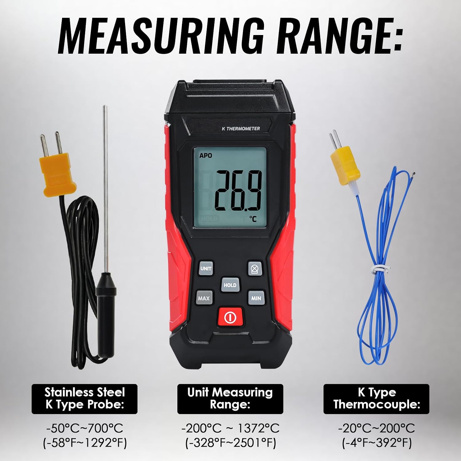 Diagram illustrating the measurement ranges for the thermometer unit and its two included K-type probes