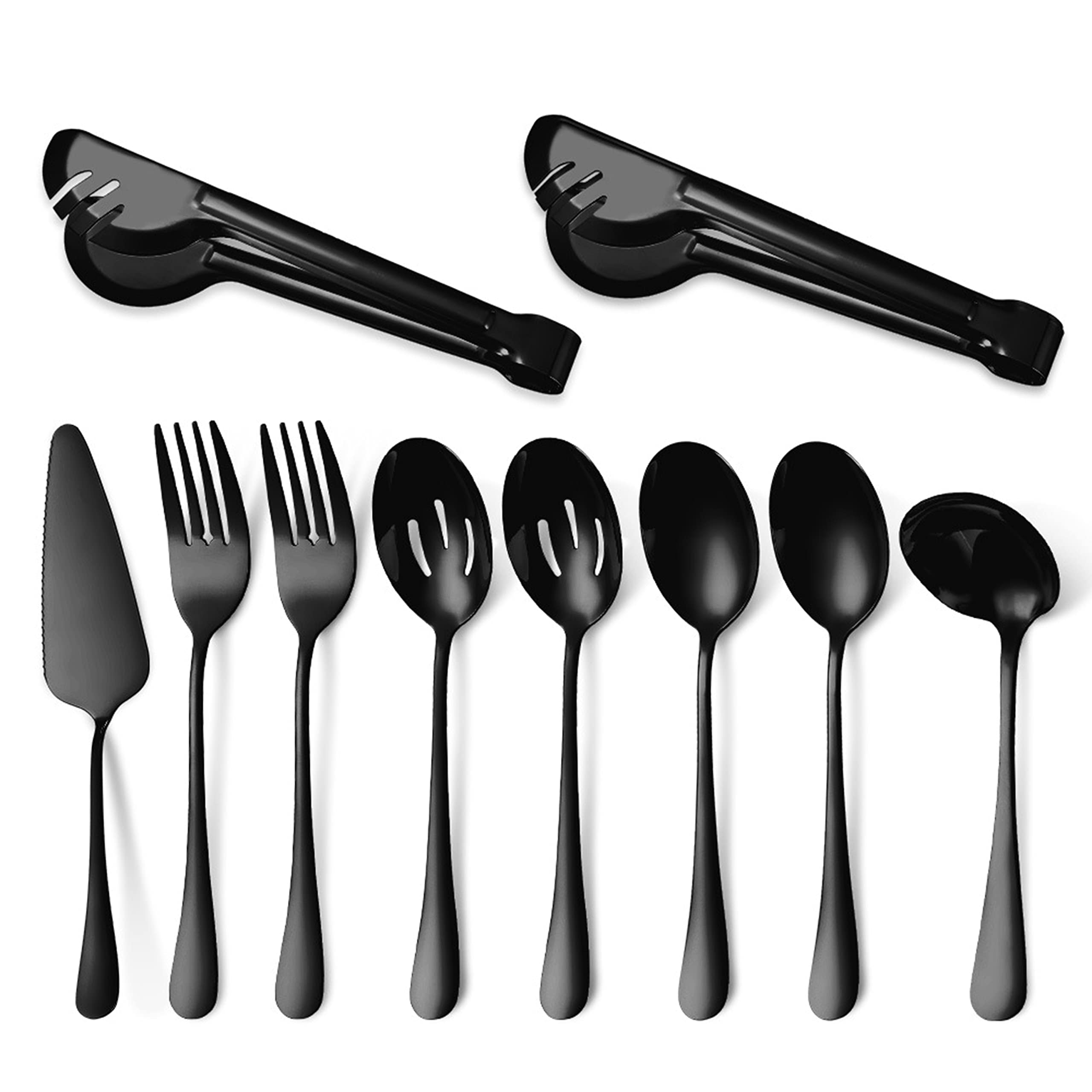 10 Pieces Cutlery Serving Set,Stainless Steel Flatware,Buffet Catering Salad Serving Fork,Butter Spreader,Cake/Cheese knife,Serrated Edge,Mirror Finish,Dishwasher Safe (Black)