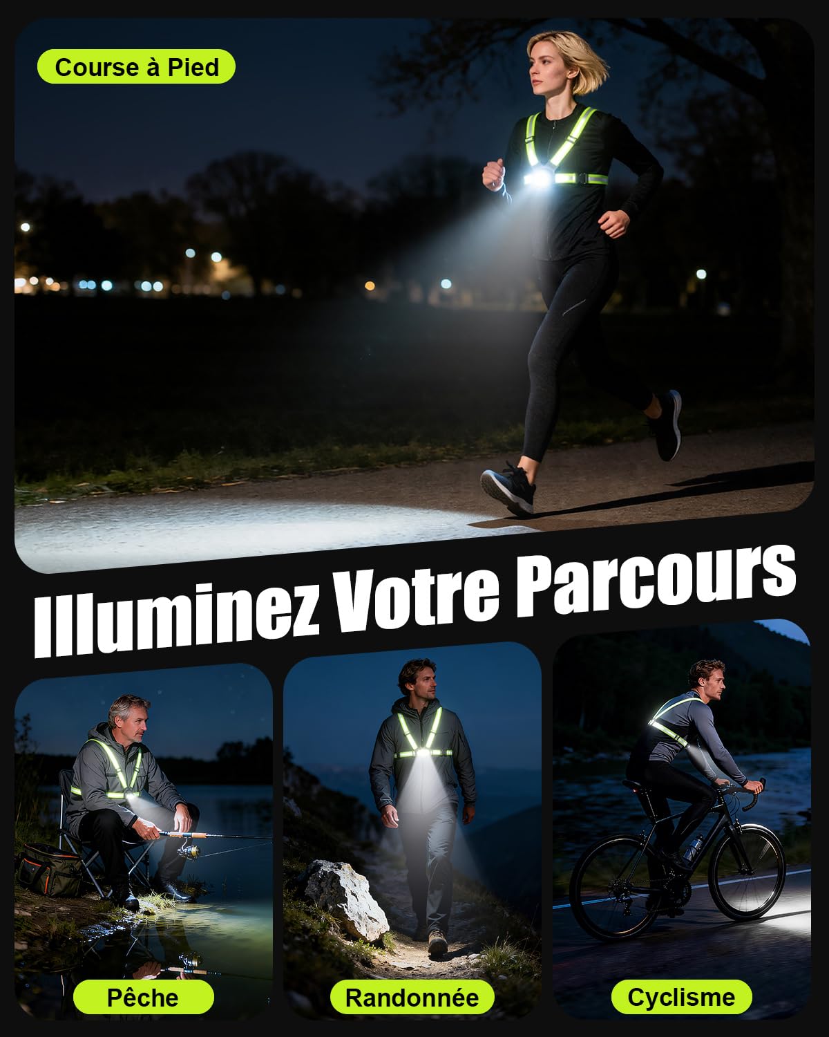 Babacom 500LM Lampe Running Pectorale, 6 Modes Lampe Course a Pied avec Faisceau Réglable 45°, Remplacer Lampe Frontale, Rechargeable Gilet Reflechissant à 360° pour Cyclisme/Jogging Sports Nocturnes