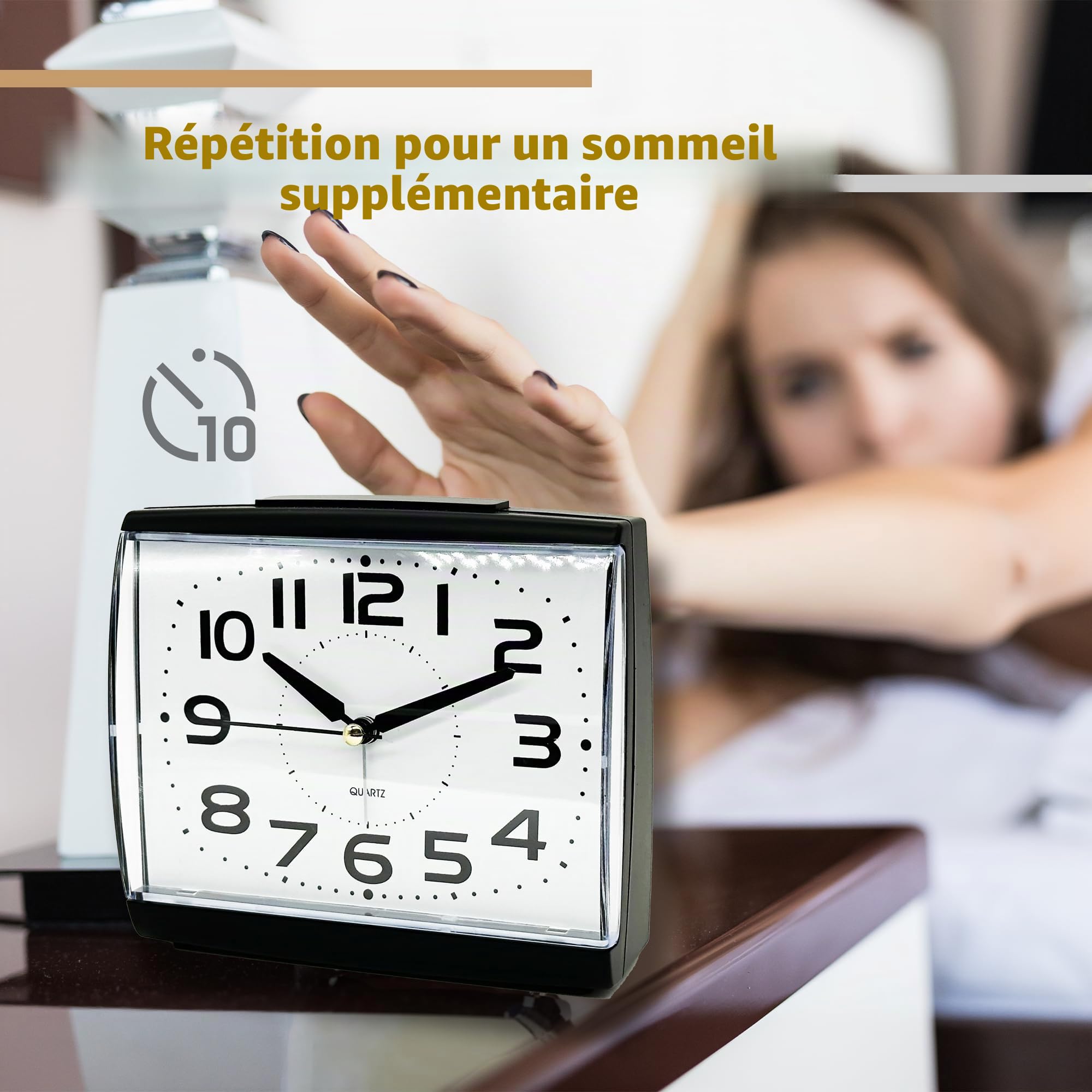 A5 - Réveil silencieux sans tic-tac, grande taille, horloge analogique avec veilleuse, fonction snooze, alimentation par piles, design Art déco, idéal pour toutes décos