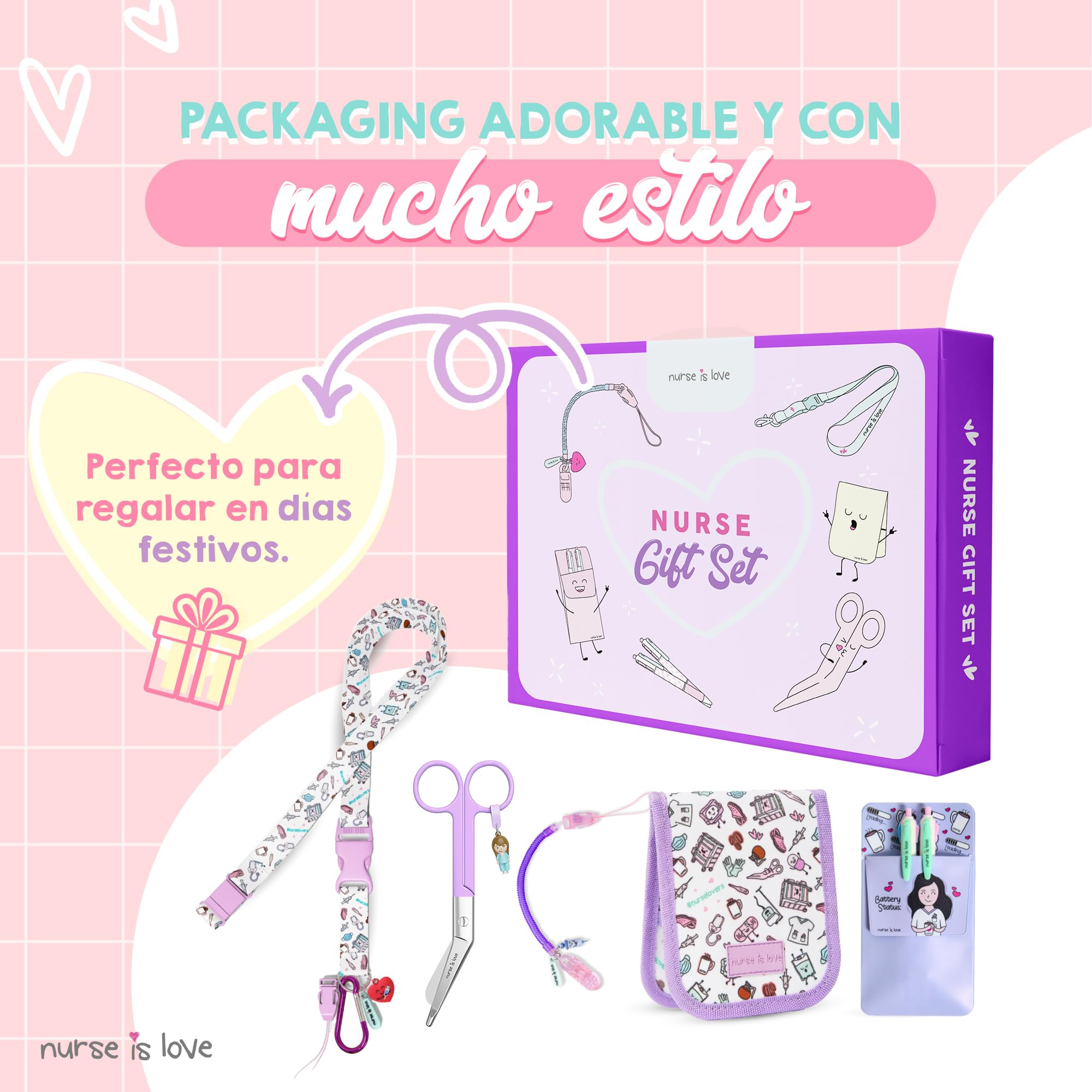 Nurse is Love Set 5 Pzas. Regalos Enfermera Original Y TCAE | Tijeras Enfermeria + Salva bolsillos Enfermeria + Bolígrafos 4 Tintas + Organizador De Bolsillo + Lanyard + Porta Tijeras | Accesorios