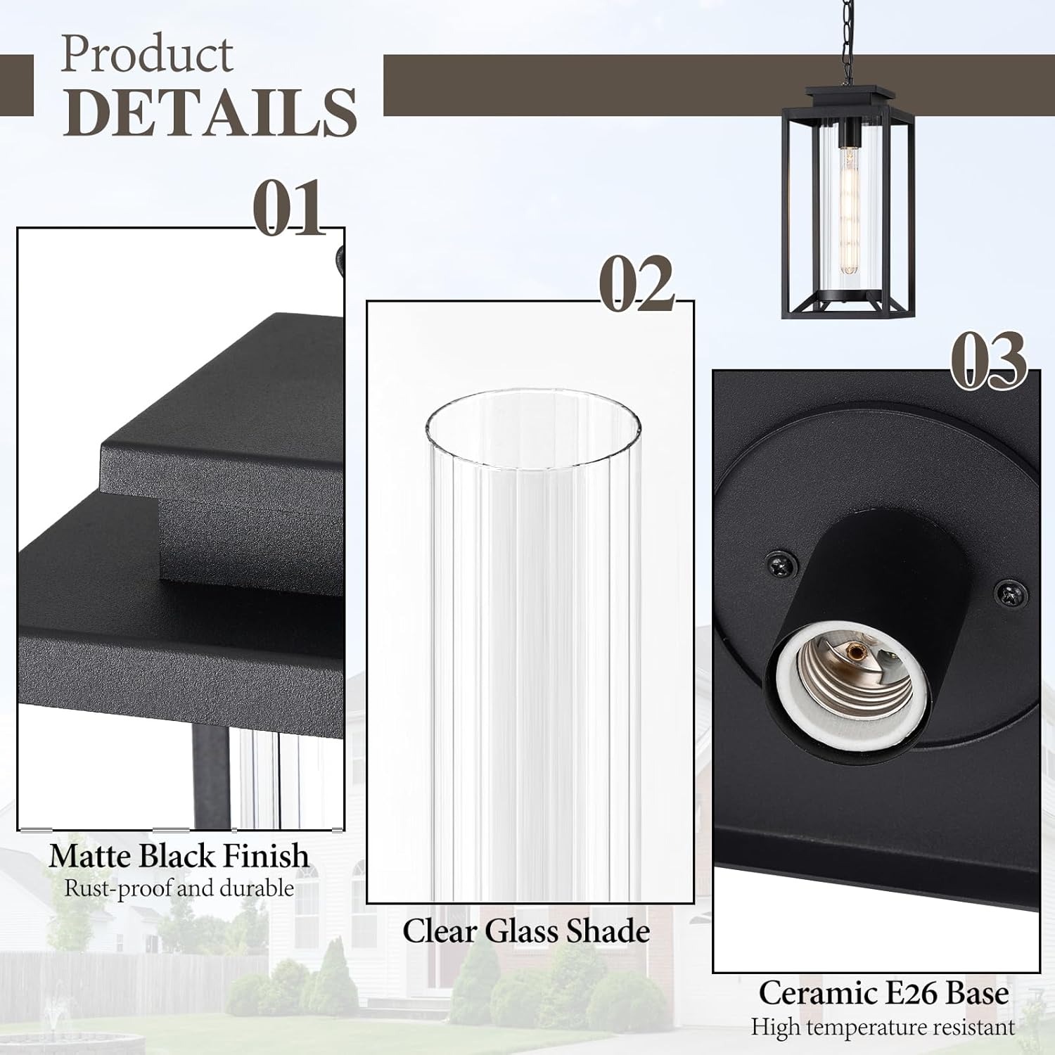 Outdoor Pendant Light, 14" Large Dusk to Dawn Outdoor Chandelier Lantern with Sensor, Black Modern Exterior Hanging Porch Light with Cylinder Glass, Adjustable Long Chain, OS-KY1002